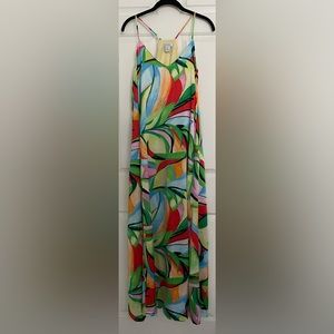 Nicole Miller COLORFUL TROPICAL Print Satin Maxi Dress  Bra Pockets L NWT